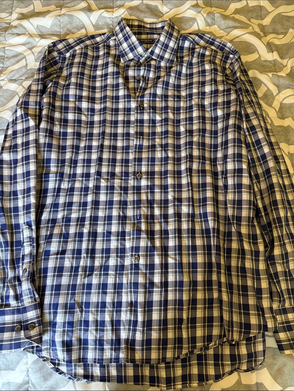 Saks Fifth Avenue Black Label Navy and White Plaid Button-Down Shirt